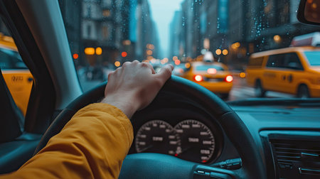 A close-up of a hand on the steering wheel while driving through a busy city street, with pedestrians and buildings in the background. --chaosの素材