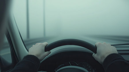 A driver's hands adjusting the steering wheel on a foggy morning drive, with low visibility ahead and the road barely visible. --chaosの素材