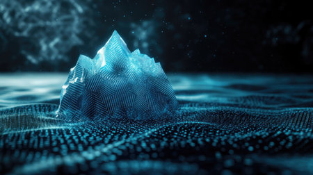 A digital iceberg floating above a sea of swirling digital data, with its jagged edges glowing in cold blue hues and sharp lines. --chaosの素材