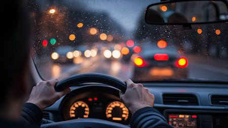 A driver's hands adjusting the steering wheel while merging onto a busy freeway, with other cars visible in the rearview mirror. --chaosの素材
