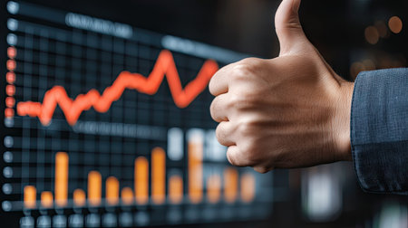 A hand showing a thumbs-down gesture with a business chart displaying declining numbers in the background, symbolizing failure or loss. --chaosの素材