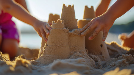 A close-up of a sandcastle being built by children, with tiny hands shaping the towers and the sea in the background.の素材