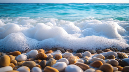 A close-up of sea foam washing over smooth stones on a pebbled beach, with the turquoise sea in the background.の素材