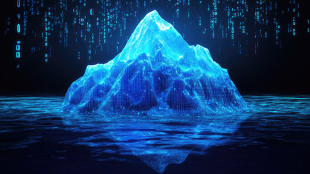 A futuristic digital iceberg made from glowing blue pixels, emerging from a dark, data-filled background with floating binary code. --chaosの素材