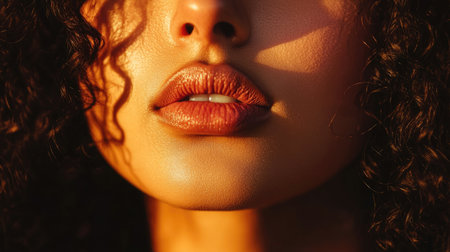 A close-up of a woman with radiant, glowing skin and soft natural makeup, the warm light emphasizing her healthy and fresh complexion. --chaosの素材