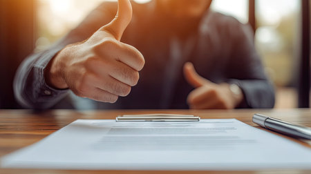 A close-up of a thumbs-down gesture over a contract on a desk, symbolizing rejection of an agreement or deal. --chaosの素材