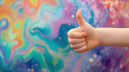 A close-up of a child's hand giving a thumbs-down gesture, set against a playful, colorful background, showing displeasure. --chaosの素材