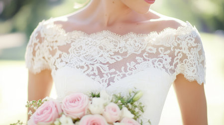 A close-up of the lace sleeve on a white wedding dress, the intricate details captured in soft, flattering light. --chaosの素材