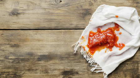 A sauce-soaked cloth napkin, stained with bright red tomato sauce, the stain large and messy, suggesting an accident during a meal. --chaosの素材