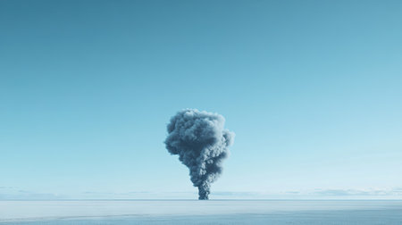 A single dark gray smoke plume rises into a clear blue sky, the contrast between the smoke and the sky creating a striking visual. --chaosの素材