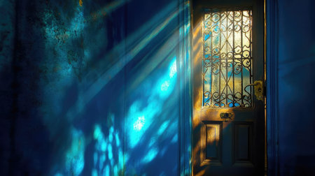 A partially ajar iron door letting in beams of light, casting deep shadows across the doorway and adding mystery to the scene. --chaosの素材