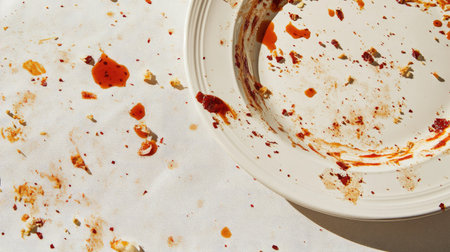 A tablecloth covered in sauce stains after a meal, with splashes of red, brown, and yellow sauce marking the fabric. --chaosの素材