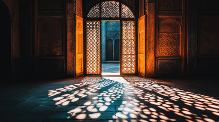 A partially open iron door casting long, slanted shadows onto the floor, with light streaming through its ornate patterns. --chaosの素材