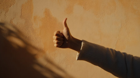 A woman's hand giving a thumbs down in a dramatic lighting setup, casting a strong shadow on the wall behind. --chaosの素材