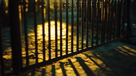 Soft sunlight casting intricate shadows through the bars of an iron door, creating a dramatic contrast of light and dark on the ground. --chaosの素材