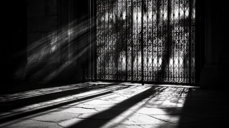 A partially ajar iron door letting in beams of light, casting deep shadows across the doorway and adding mystery to the scene. --chaosの素材