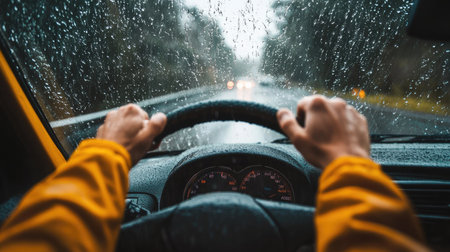 Hands gripping the steering wheel on a rainy day, droplets visible on the windshield as the driver carefully navigates the road. --chaosの素材