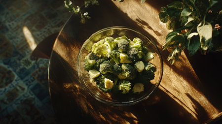 Aerial view of sliced broccoli arranged in a glass bowl, the bright green of the vegetable creating a fresh and healthy food vibe on a rustic table.の素材