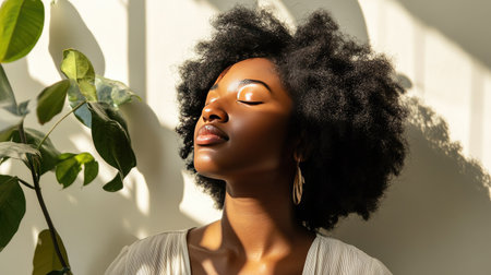 A woman with glowing skin and minimal makeup in a bright, airy setting, her radiant complexion complemented by natural sunlight. --chaosの素材