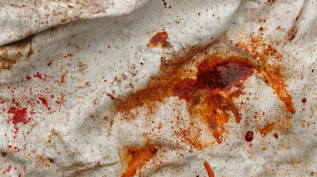 A soiled kitchen towel with multiple sauce stains, the fabric covered in a messy mix of red, brown, and orange smears from a busy kitchen. --chaosの素材
