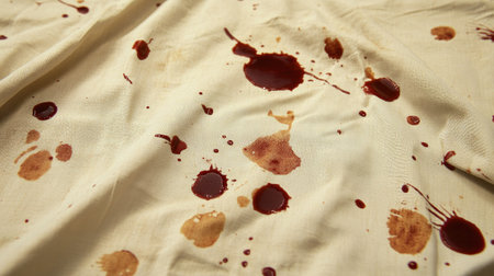 A tablecloth covered in dirty sauce stains from a messy dinner, with splashes of red sauce soaking into the fabric's texture. --chaosの素材