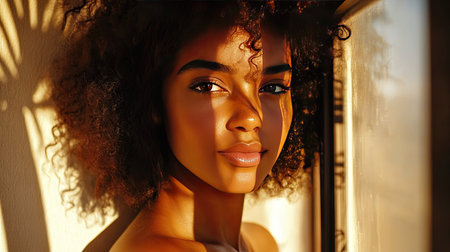A woman with glowing, healthy skin and light natural makeup posing in front of a window, sunlight illuminating her soft, fresh complexion. --chaosの素材