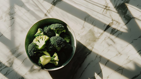 A bowl full of freshly cut broccoli slices on a light kitchen countertop, highlighting their natural green color and texture, perfect for a cooking prep scene.の素材