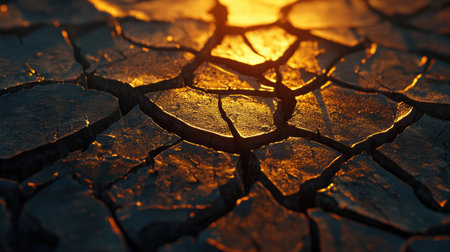 A close-up of parched, cracked ground caused by severe drought, the dry earth splitting into intricate patterns under the scorching sun.の素材