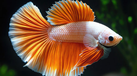 A radiant half-moon betta fish with orange and white fins, elegantly extending its fan-like fins in a perfect curve against a black background.の素材