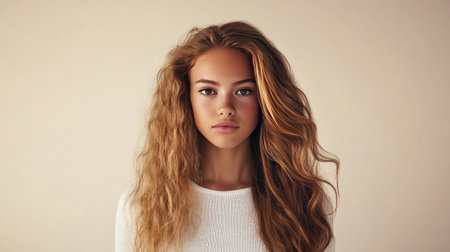 Before and after hair transformation, showing one half dry and frizzy, the other side sleek and smooth, with a minimalist backdrop.の素材