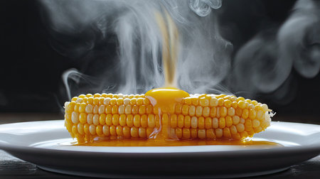 A steaming hot boiled sweet corn cob resting on a white plate, with melted butter drizzled over the shiny kernels, creating a delicious comfort food scene.の素材
