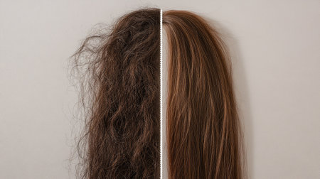 Hair comparison with a split down the middle one half rough and tangled, the other sleek and healthy after treatment, shown on a neutral background.の素材