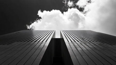 A view looking up at modern skyscrapers, their sleek designs converging toward the sky with fluffy white clouds in the background.の素材