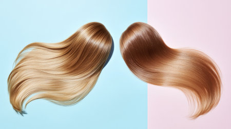 Hair split in two before treatment showing dryness and frizz, after treatment sleek and shiny, displayed on a minimalist background.の素材
