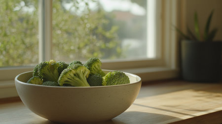 Bright green broccoli slices in a round ceramic bowl, ready for cooking, placed on a natural wooden surface for a healthy and fresh meal preparation vibe.の素材