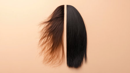 Hair comparison with a split down the middle one half rough and tangled, the other sleek and healthy after treatment, shown on a neutral background.の素材