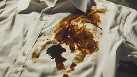 A white shirt with a dark brown sauce stain, the thick sauce spread across the chest, creating a noticeable and messy mark. --chaosの素材