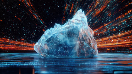 A surreal digital iceberg rendered in low-poly style, floating in an abstract ocean of code and data streams, with vibrant colors. --chaosの素材