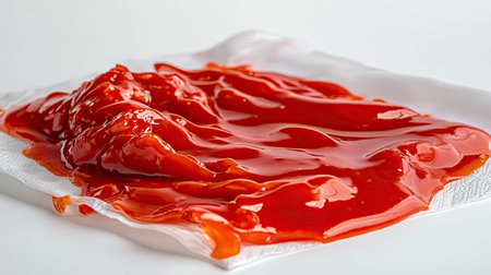 A sauce-soaked cloth napkin, stained with bright red tomato sauce, the stain large and messy, suggesting an accident during a meal. --chaosの素材