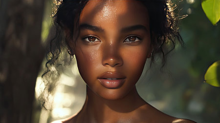 A woman with glowing, flawless skin and soft natural makeup, her clear complexion glowing in soft, diffused sunlight. --chaosの素材