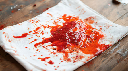 A sauce-covered napkin lying on a table, with a large red sauce stain spreading across the cloth, leaving a visible mess. --chaosの素材