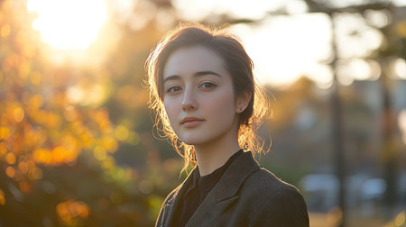 A portrait of a woman with glowing skin, minimal makeup, and natural beauty, standing outdoors with a serene, sunlit background. --chaosの素材