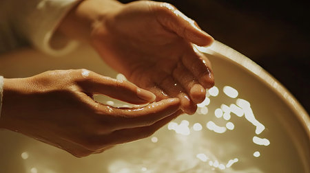 A close-up of a woman's hands mid-motion, rubbing alcohol gel on her skin, with the background softly blurred to emphasize cleanliness.の素材