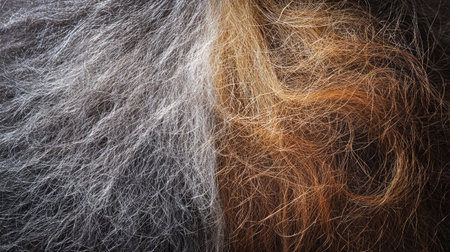 Side-by-side comparison of hair before and after treatment, with one side showing frizz and dullness, the other side silky and radiant.の素材