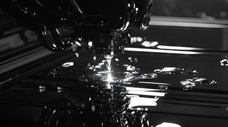 An industrial laser cutting machine making quick work of a metal sheet, with a trail of sparks and glowing molten metal following its path.の素材