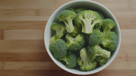 Top view of sliced broccoli florets in a round white bowl, set on a natural wooden table, ready for a healthy meal preparation scene.の素材