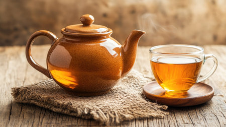 A ceramic tea kettle alongside a glass of tea, placed on a wooden surface with a cozy, rustic setting in the background.の素材