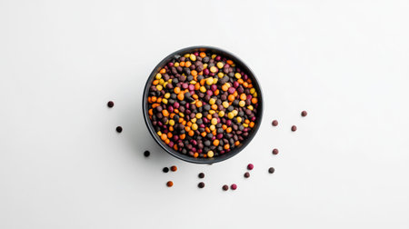 A bowl of dry dog food with a variety of kibble shapes and colors, placed in the center of a white background for a minimalist pet food presentation.の素材