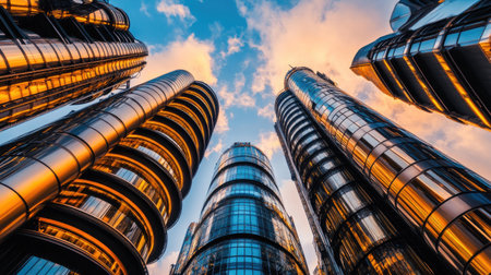 Looking directly up at towering buildings, their smooth, glass surfaces stretching toward the sky, reflecting sunlight and a few scattered clouds.の素材