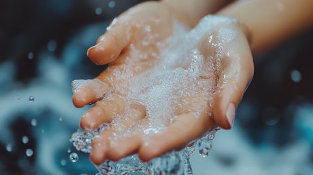 A close-up of a woman's hands mid-motion, rubbing alcohol gel on her skin, with the background softly blurred to emphasize cleanliness.の素材